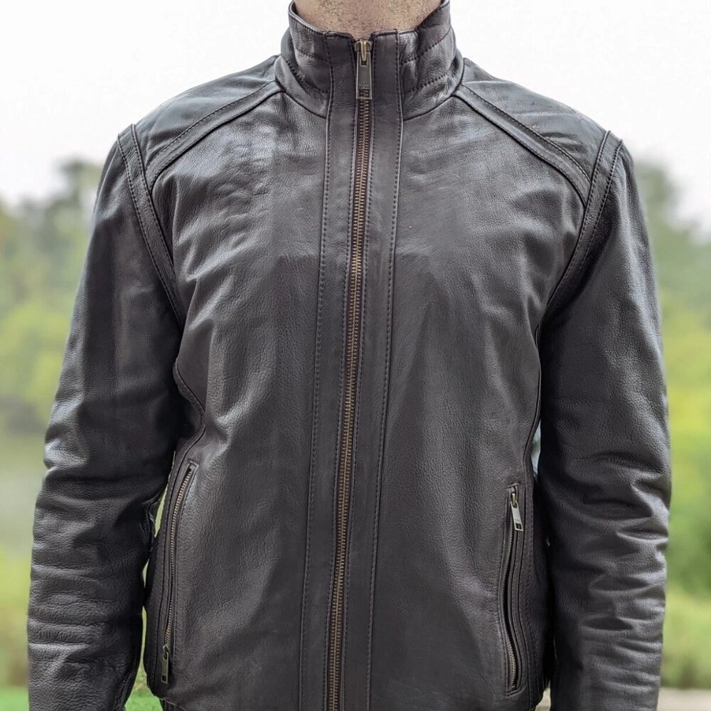 Andrew Mark Thick Cowhide Leather Chocolate Brown Bomber Jacket Quilted Lining M